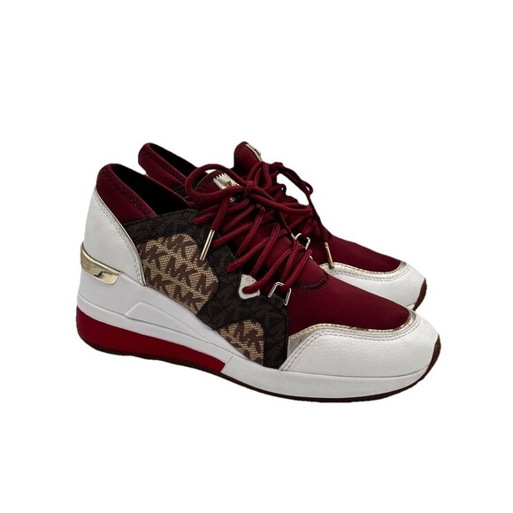 Michael Kors Liv Trainer MK Signature Brandy Multi Wedge Sneakers Womens S 7.5 - Picture 1 of 16